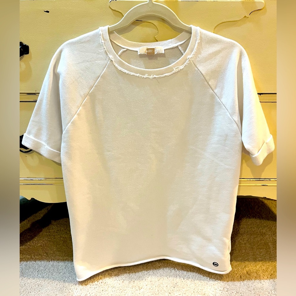 Michael Kors White Knit Short Sleeve Top with Distressing Size Small